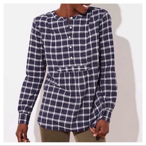 Ann Taylor LOFT small Plaid Bib Popover Henley Tunic Top spring lightweight - Picture 1 of 5